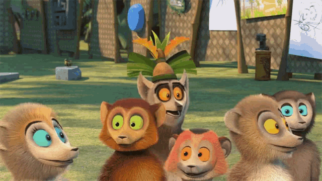 a group of cartoon monkeys are standing in a park