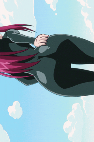 a cartoon of a girl with red hair and a black suit