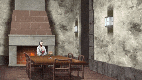 a man sits in front of a fireplace in a room with a table and chairs