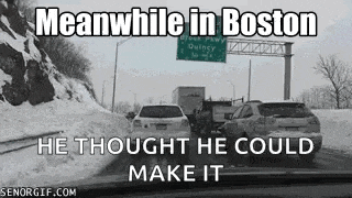 a car is driving down a snowy highway with a sign that says meanwhile in boston he thought he could make it
