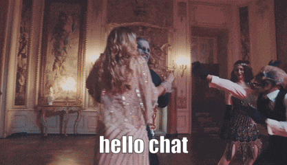 a group of people are dancing in a ballroom with the words hello chat written on the bottom