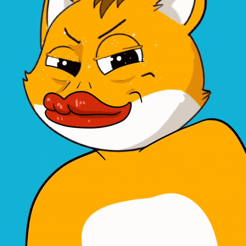 a cartoon drawing of a cat with a big red lip
