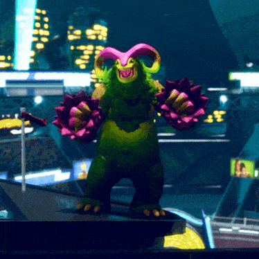 a green monster with pink horns and spikes on its hands