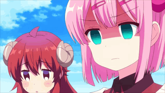 two anime girls with pink hair and horns are looking at each other