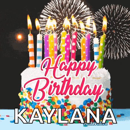 a birthday cake with candles and fireworks behind it for kaylana