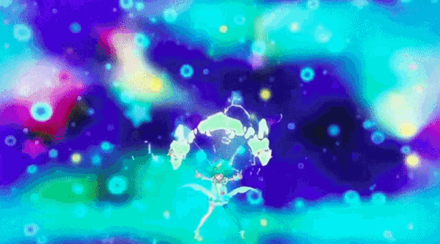 a girl in a white dress is dancing in front of a colorful background with bubbles and stars .