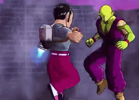 a man in purple pants is standing next to a green monster in purple pants .