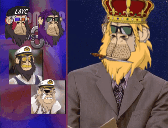a cartoon of a monkey wearing a crown and a hat that says layc on it