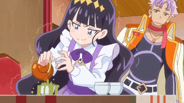 a girl in a purple dress is pouring liquid into a bowl
