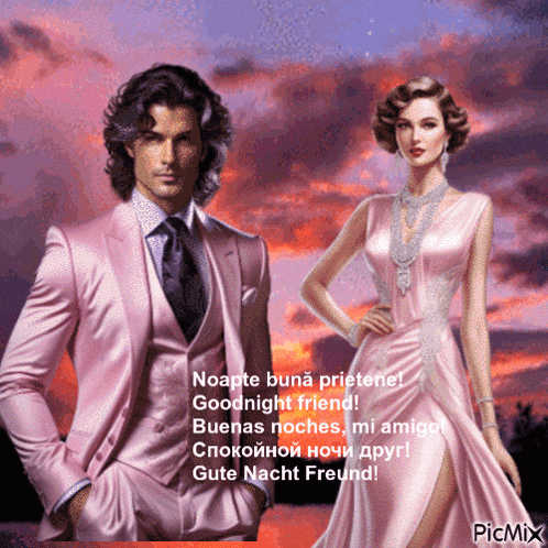 a man in a pink suit and a woman in a pink dress