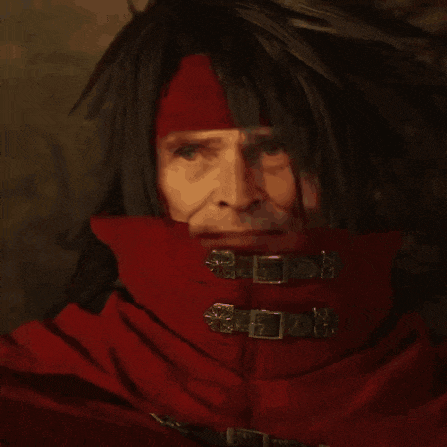 a close up of a man wearing a red coat with buckle straps around his neck