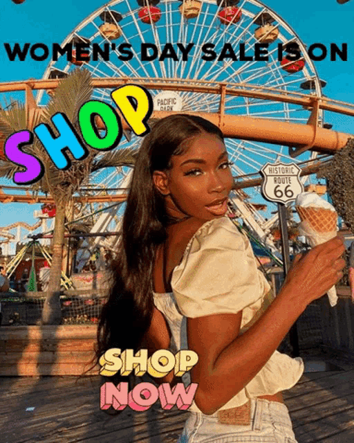 a woman holding an ice cream cone in front of a ferris wheel with the words shop now below her