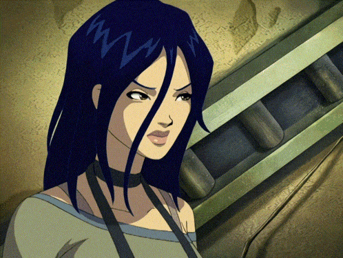 a cartoon girl with long blue hair and a choker