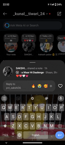 a screenshot of a phone with the name kunal tiwari 24