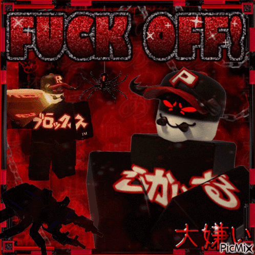 a picture of a roblox character with the words fuck off