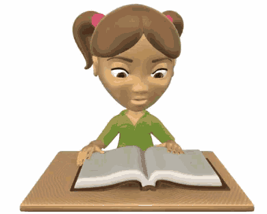 a cartoon girl is reading a book on a wooden table