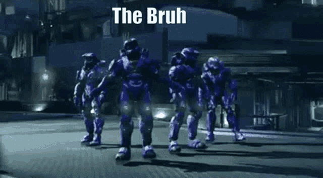 a group of soldiers are dancing in a video game and the words `` the bruh '' are written above them .