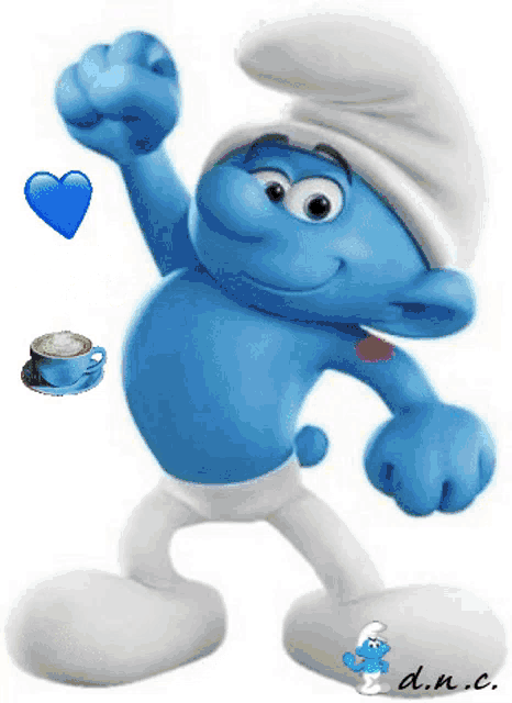 a smurf standing next to a cup of coffee and a heart