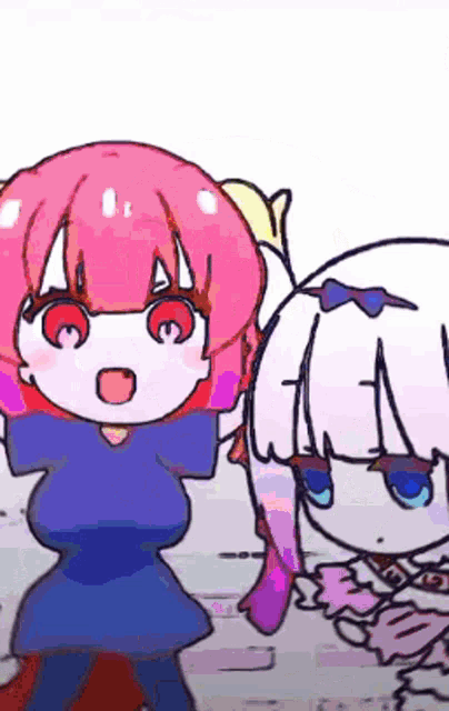 a couple of anime girls are standing next to each other .