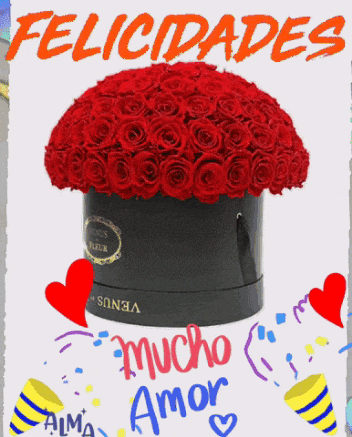 a black box filled with red roses is surrounded by hearts and the words " felicidades "