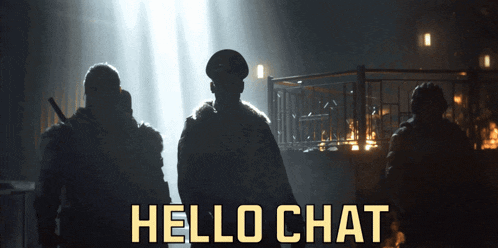 a poster that says hello chat with soldiers standing in the dark