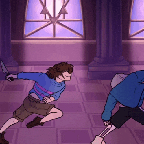 a cartoon of a man holding a knife fighting another man