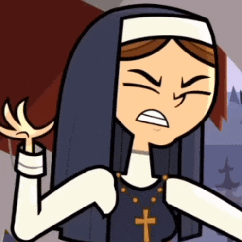 a nun with a cross on her chest is making a funny face