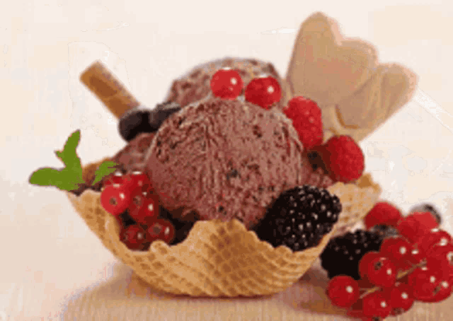 ice cream in a waffle bowl with berries on top