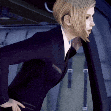 a woman in a suit and tie is standing in a car