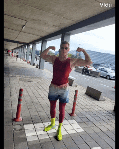 a man flexes his muscles in front of a sign that says ' vido '