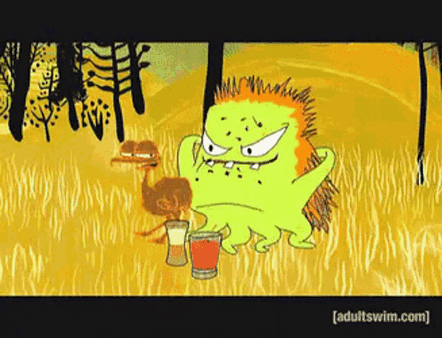 a cartoon character is sitting in a field holding an ostrich and a drink .