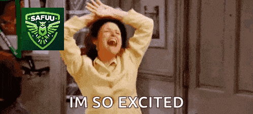 a woman is laughing with the words im so excited behind her