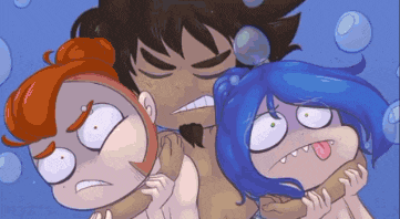 a cartoon of a man and two girls with bubbles behind them