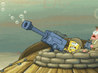 a cartoon of spongebob and patrick with a cannon in the background