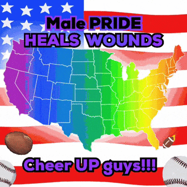 a rainbow map of the united states with the words male pride heals wounds cheer up guys