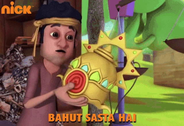 a cartoon of a man holding a gold object with the words bahut sasta hai written above him