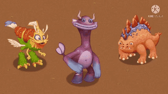 a purple monster , a green monster , and an orange monster are standing next to each other .