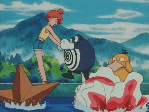 a cartoon of misty standing on a paper boat with a frog and a duck
