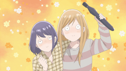 two anime girls are standing next to each other and one is holding a vacuum cleaner
