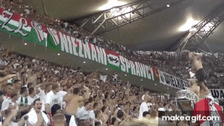 a large crowd of people are standing in a stadium with a banner that says ' wielzani spranicy ' on it .