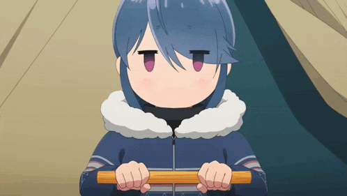 a girl with blue hair and purple eyes is holding a wooden stick