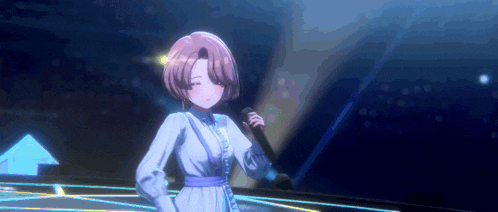 a girl in a blue dress is singing into a microphone .