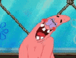 patrick star from spongebob squarepants is laughing with his mouth wide open