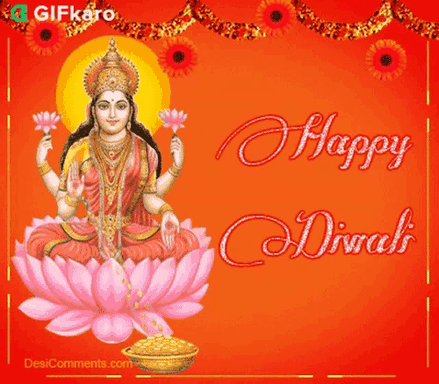 a happy diwali greeting card with a goddess on a lotus