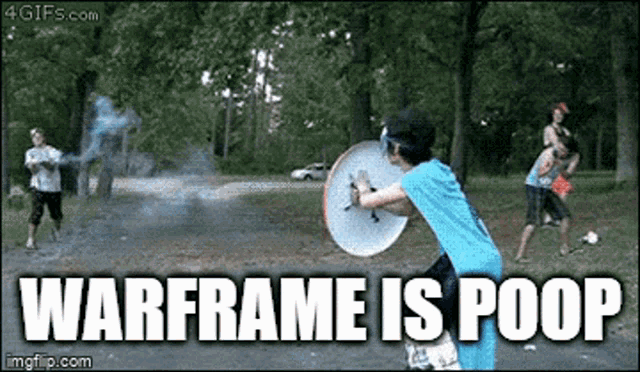 a picture of a boy throwing a frisbee with the words warframe is poop below it