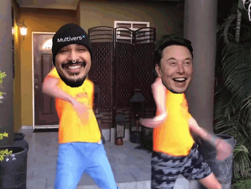 a man wearing a multiverse hat is dancing with a man wearing a yellow shirt