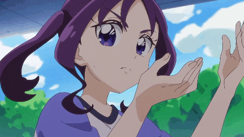 a girl with purple hair and a blue shirt has her hands outstretched