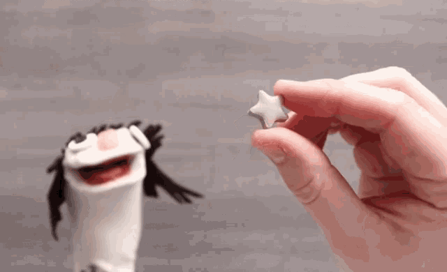 a person is holding a small star in their hand in front of a puppet