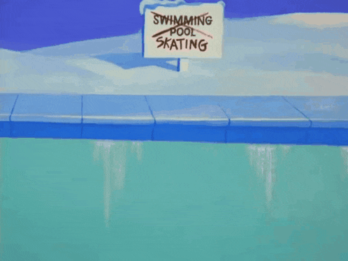 two cartoon dogs are standing in front of a sign that says " swimming pool skating "
