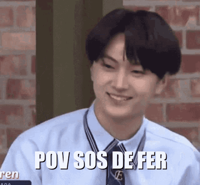 a young man in a blue shirt and tie is smiling with the words pov sos de fer written on his face .
